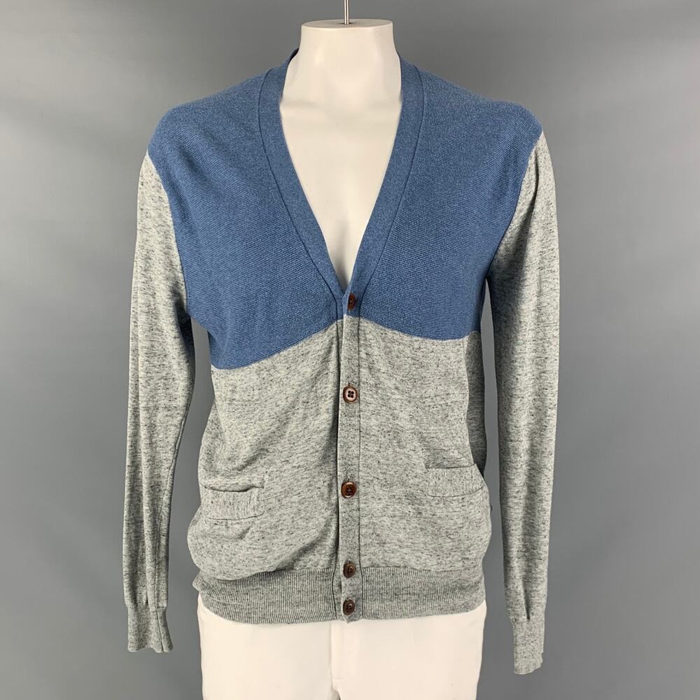 PAUL SMITH Size XL Grey Blue Color Block Cotton V-Neck Cardigan